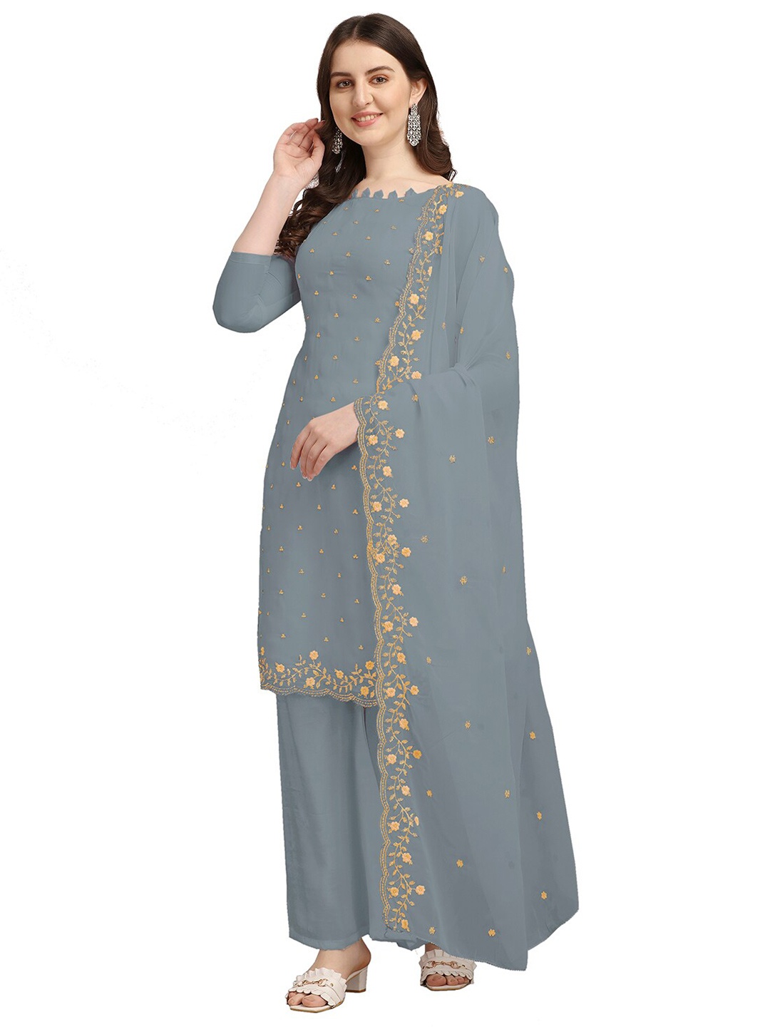 

Ethnic Junction Grey & Gold-Toned Embroidered Unstitched Dress Material