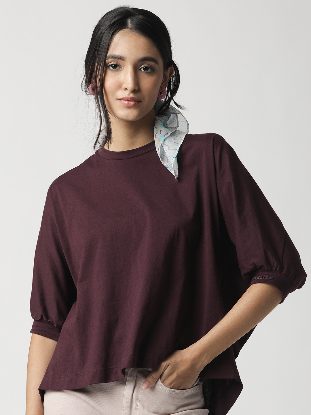 

RAREISM Women Maroon Pure Cotton Pockets Slim Fit T-shirt
