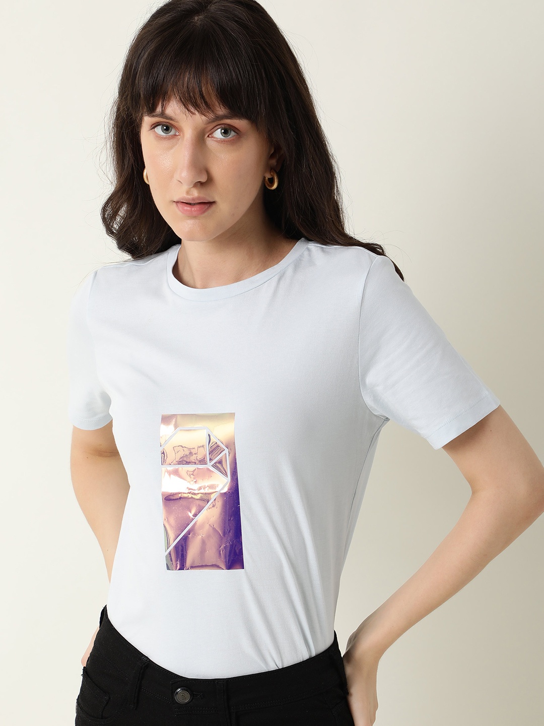 

RAREISM Women Blue Printed Pure Cotton Slim Fit T-shirt