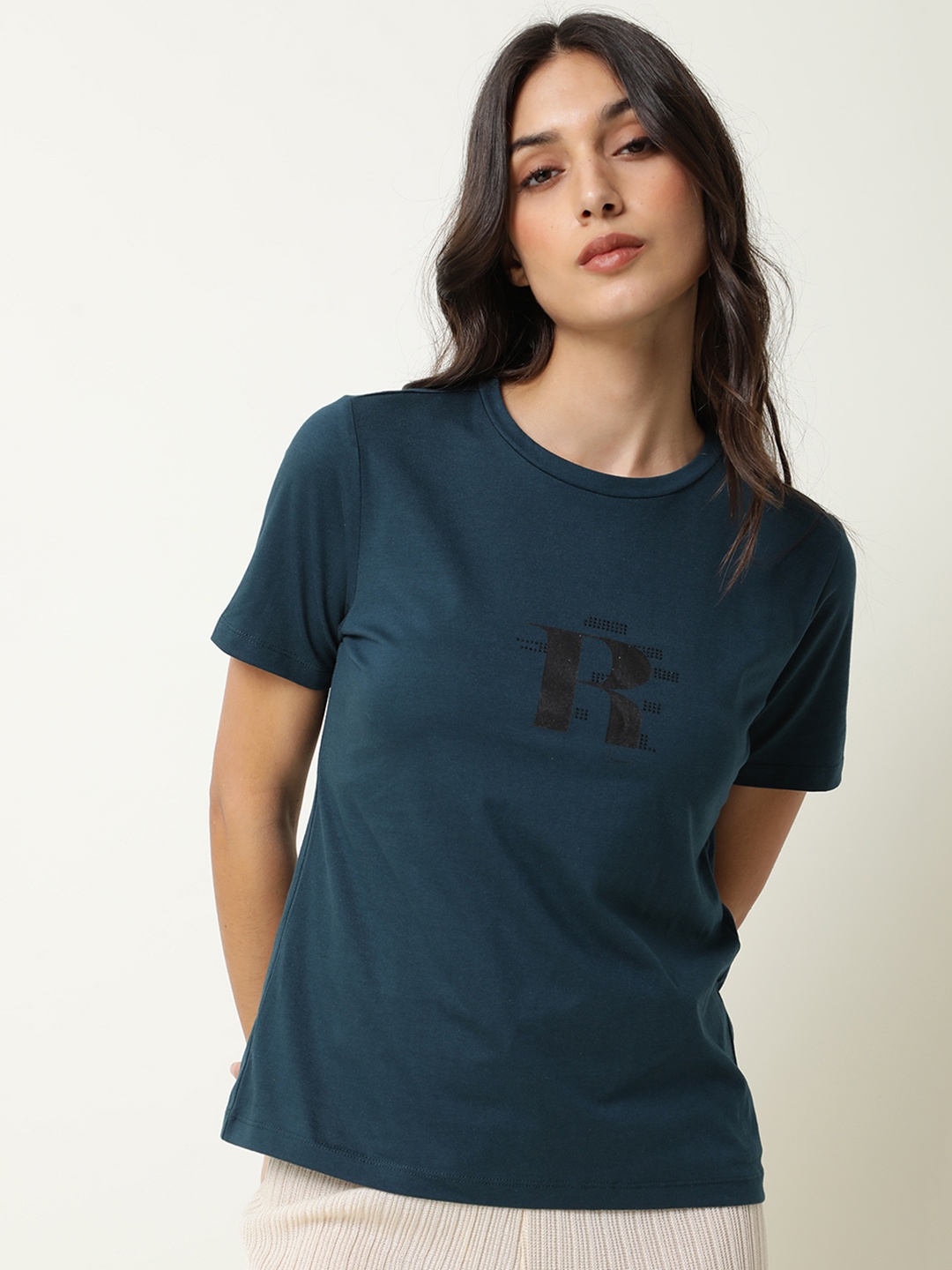 

RAREISM Women Teal Typography Printed Pure Cotton Slim Fit T-shirt