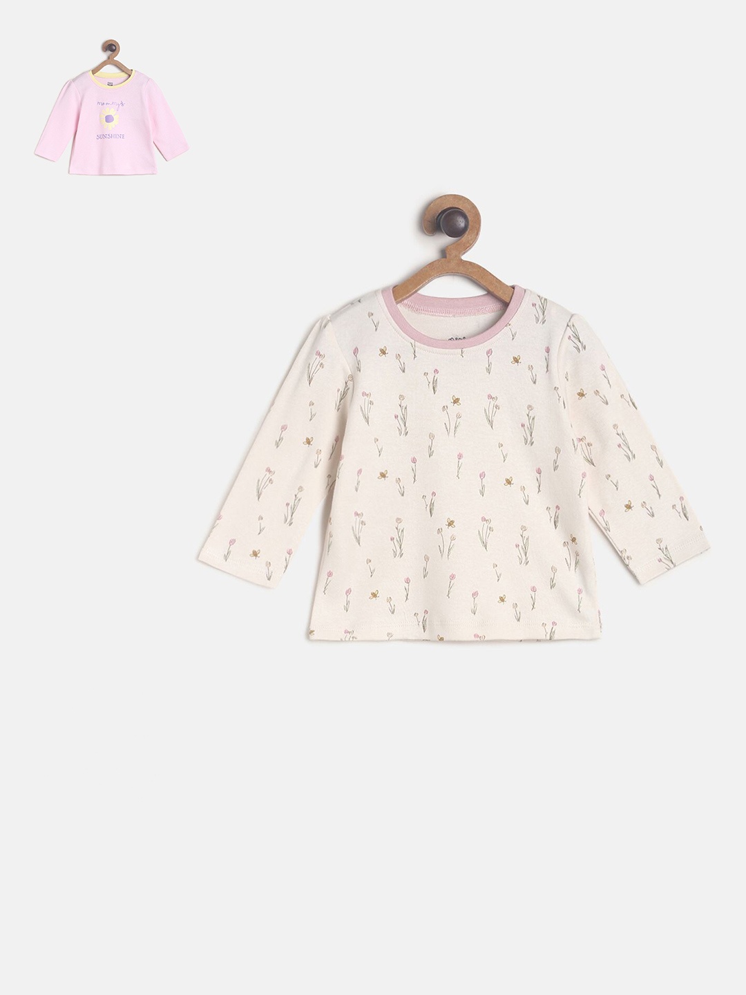 

MINI KLUB Infant Girls Off White And Pink Printed Pure Cotton Top