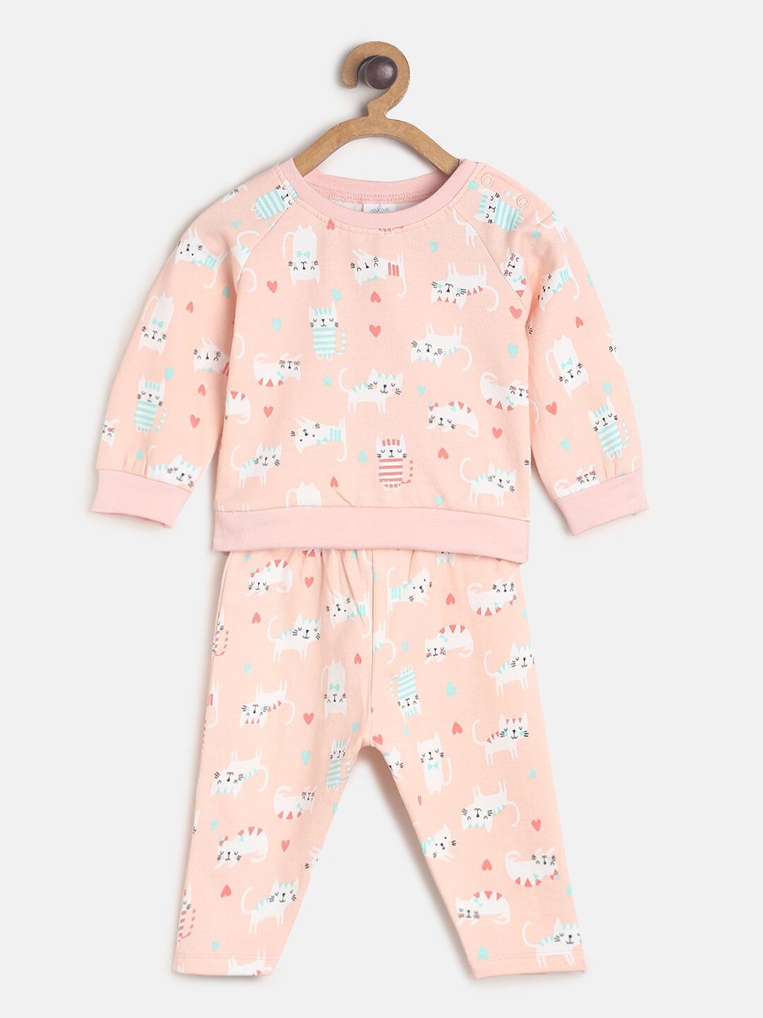 

MINI KLUB Girls Peach-Coloured & White Printed Pure Cotton T-shirt with Pyjamas