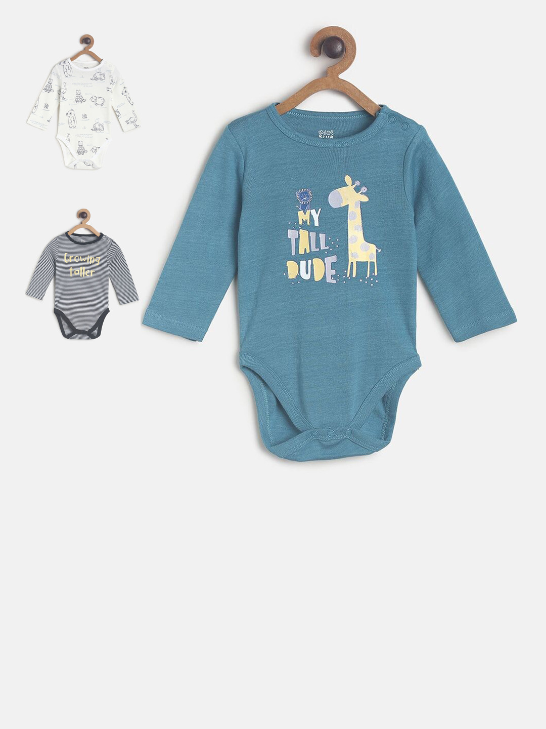 

MINI KLUB Infant Boys Multicoloured Pack Of 3 Pure Cotton Body Suit, Blue