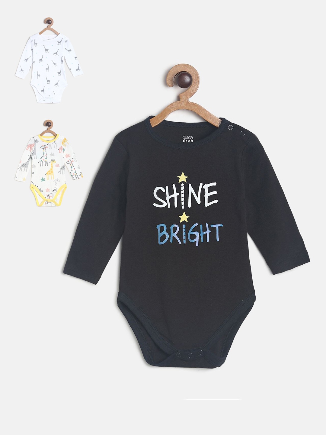 

MINI KLUB Infant Kids Multicoloured Pack Of 3 Printed Pure Cotton Bodysuits, Black