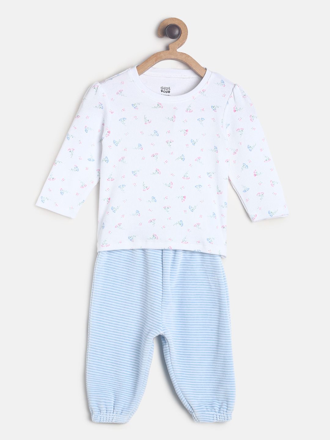 

MINI KLUB Girls White And Blue Pure Cotton Printed Top with Trousers