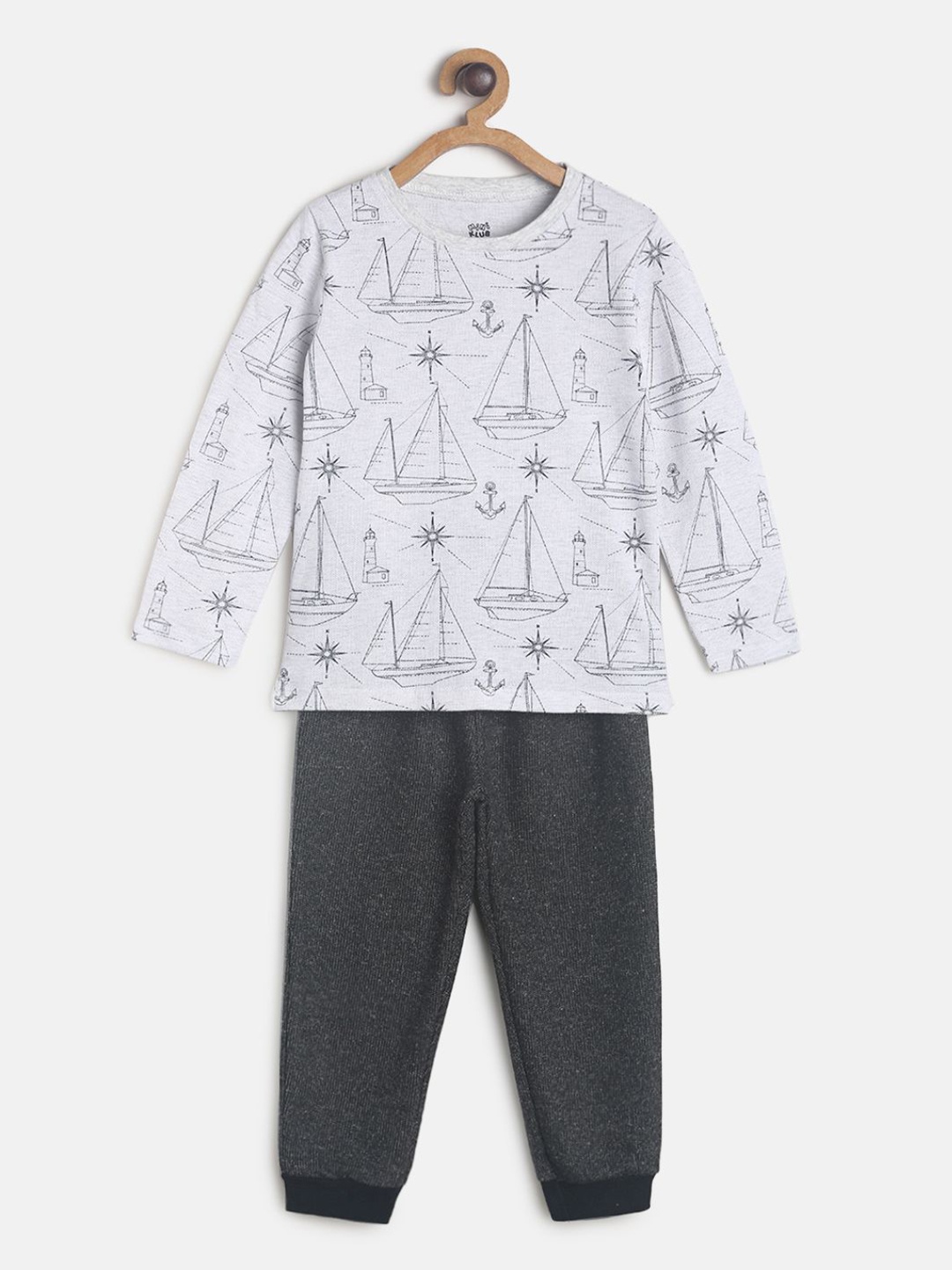 

MINI KLUB Boys Grey & White Printed Pure Cotton Night Suit