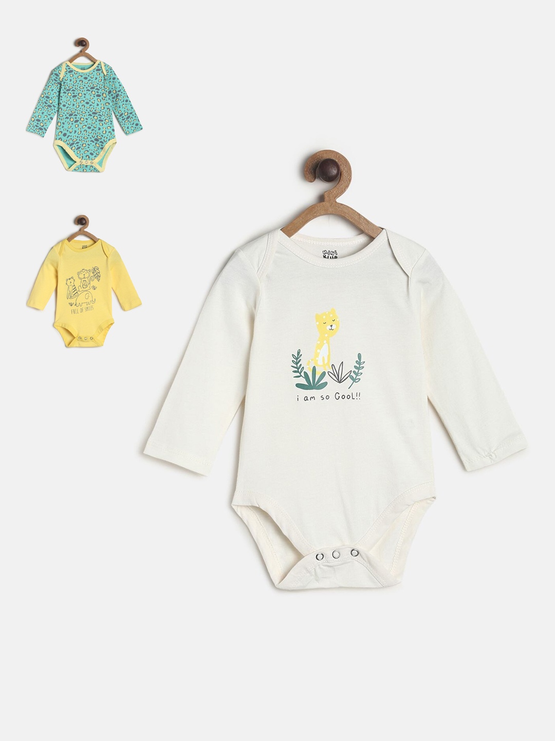 

MINI KLUB Infant Boys Pack Of 3 Printed Pure Cotton Bodysuits, Off white
