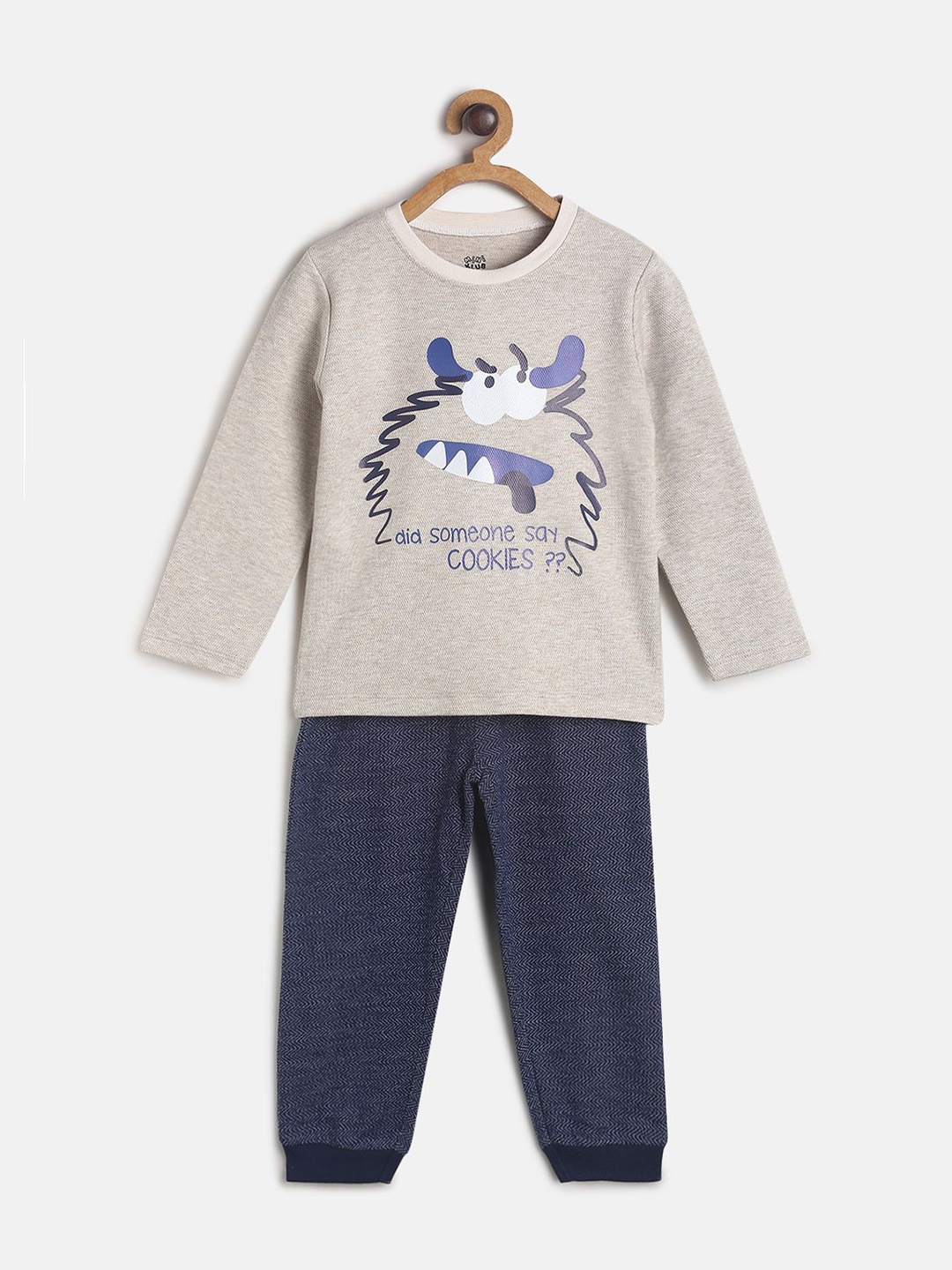 

MINI KLUB Boys Beige & Navy Blue Printed Pure Cotton Night suit