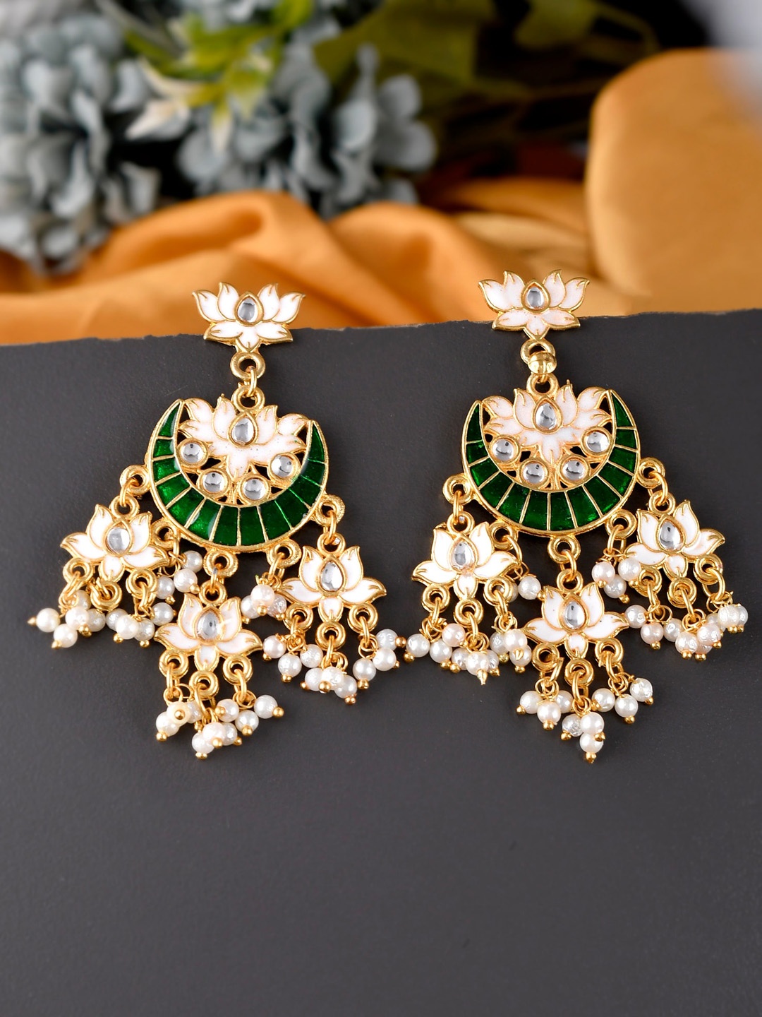 

Silvermerc Designs Green & Gold-Plated Paisley Shaped Chandbalis Earrings