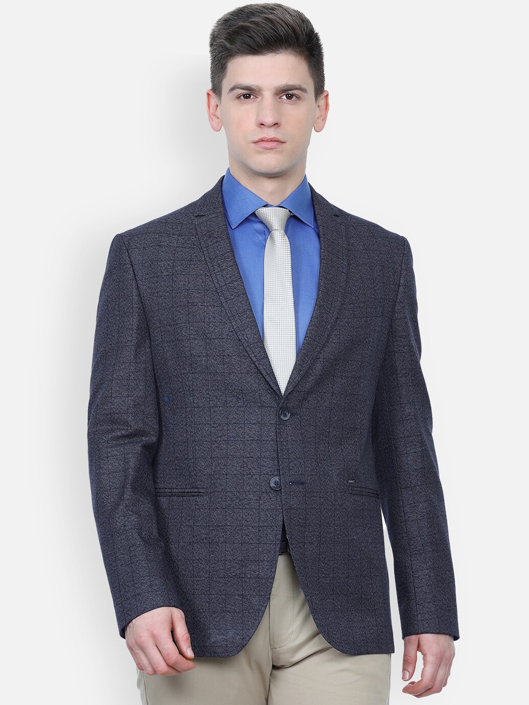 

Van Heusen Sport Men Navy Blue Checked Pure Cotton Single-Breasted Slim-Fit Formal Blazer