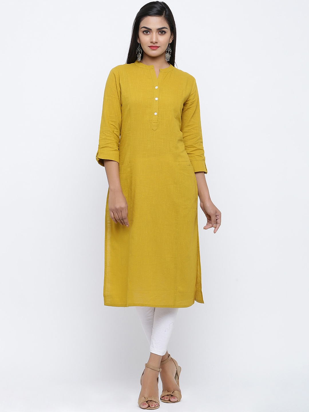

Fusion Threads Women Mustard Yellow Cotton Straight Kurta