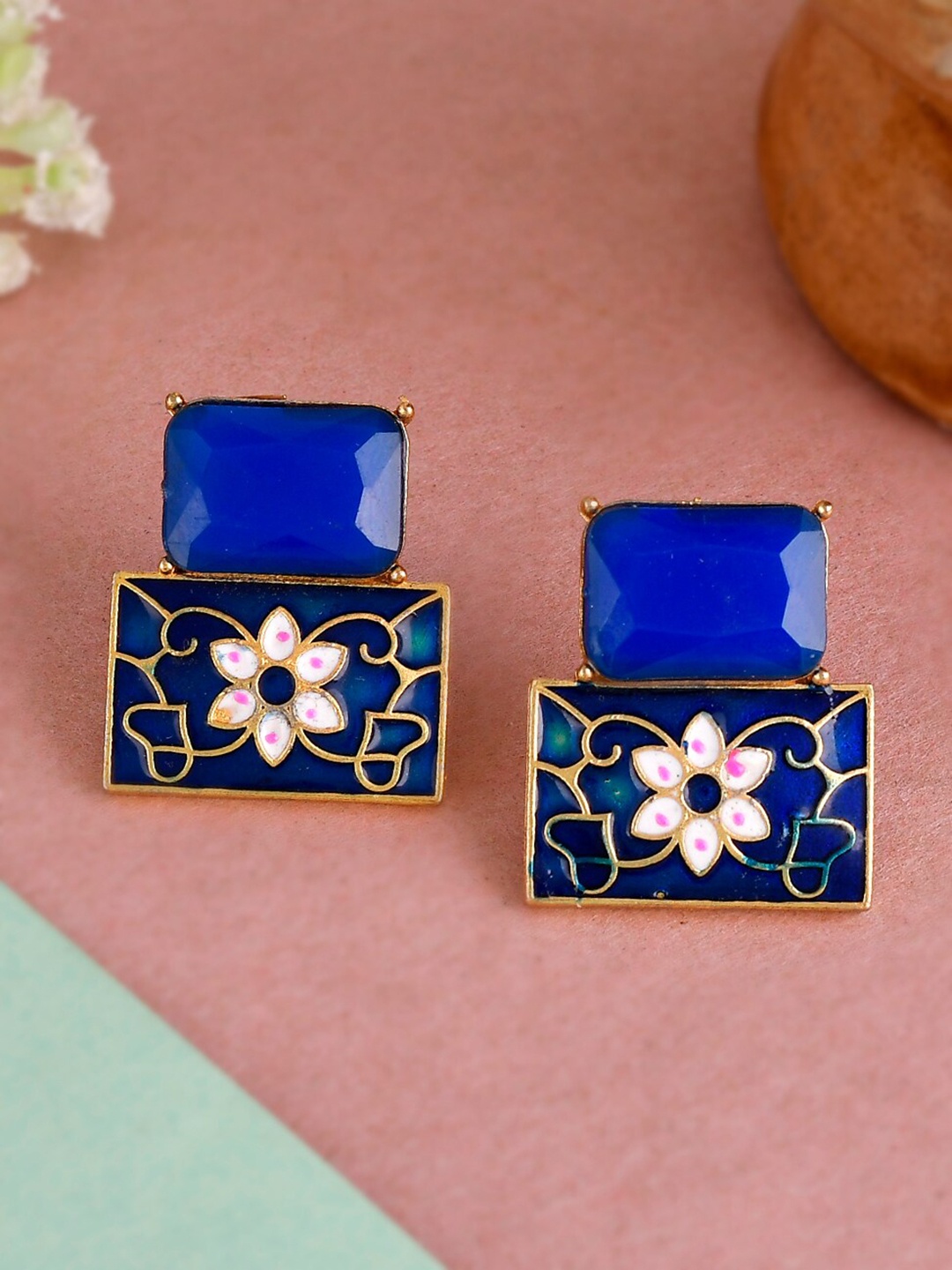 

Silvermerc Designs Blue Square Meenakari Studs Earrings