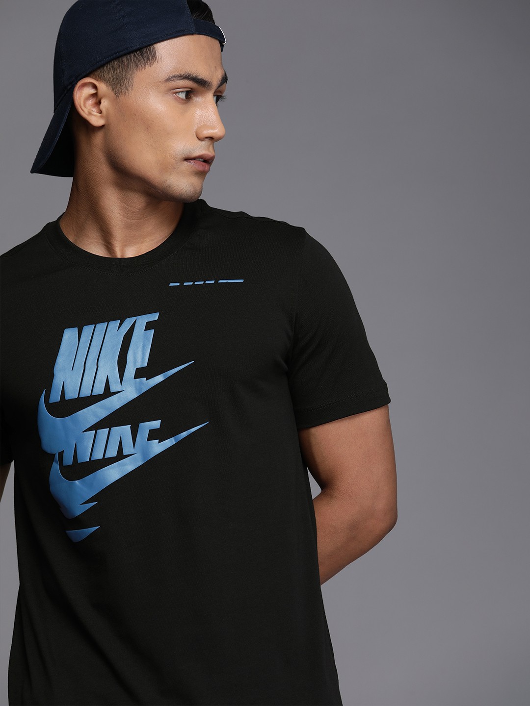 

Nike Men Black Brand Logo Printed Pure Cotton Sports T-shirt