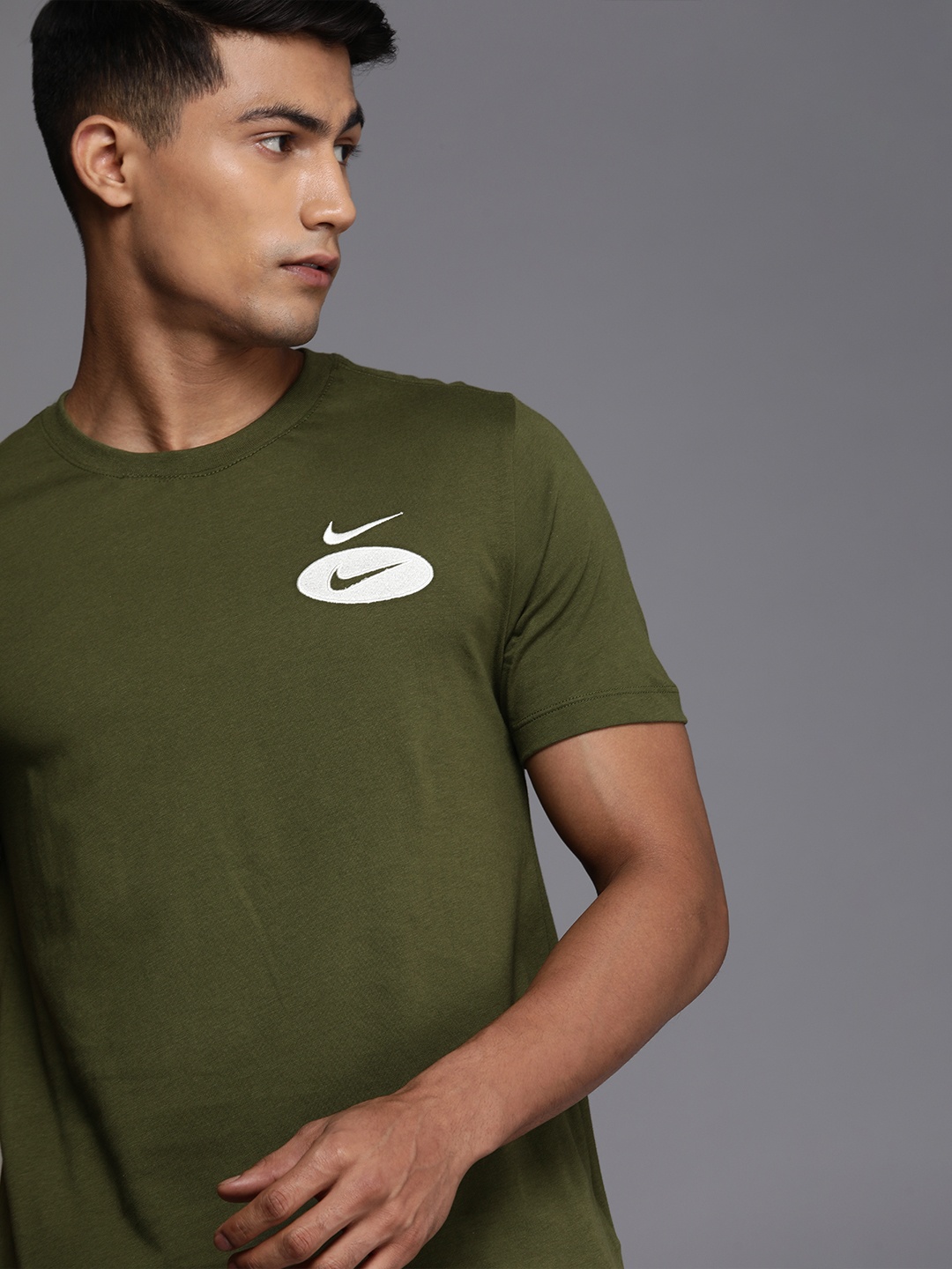 

Nike Men Olive Green Brand Logo Printed Pure Cotton Sports T-shirt