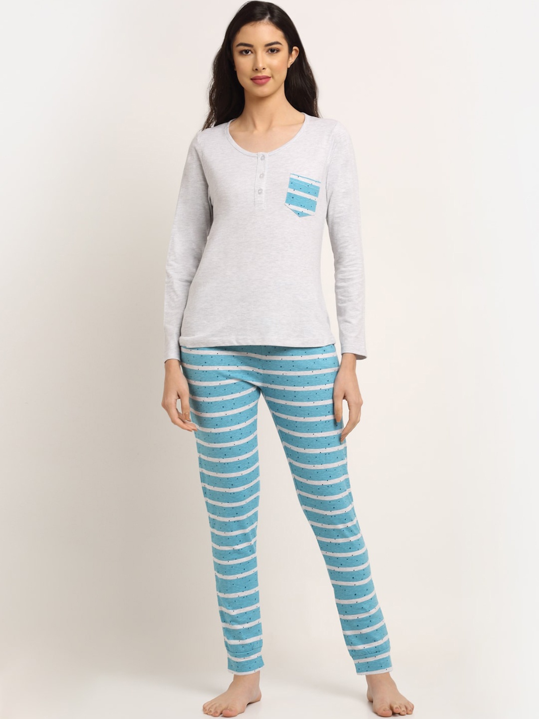 

Slumber Jill Women Blue & Off White Printed Pure Cotton Night suit