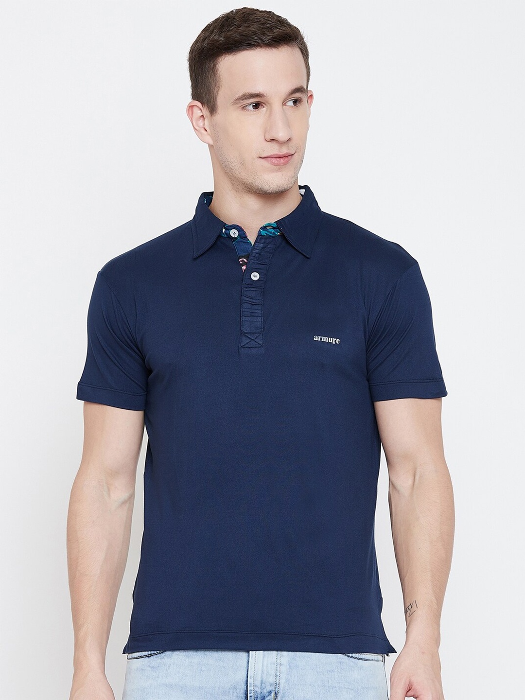 

armure Men Navy Blue Polo Collar Applique T-shirt