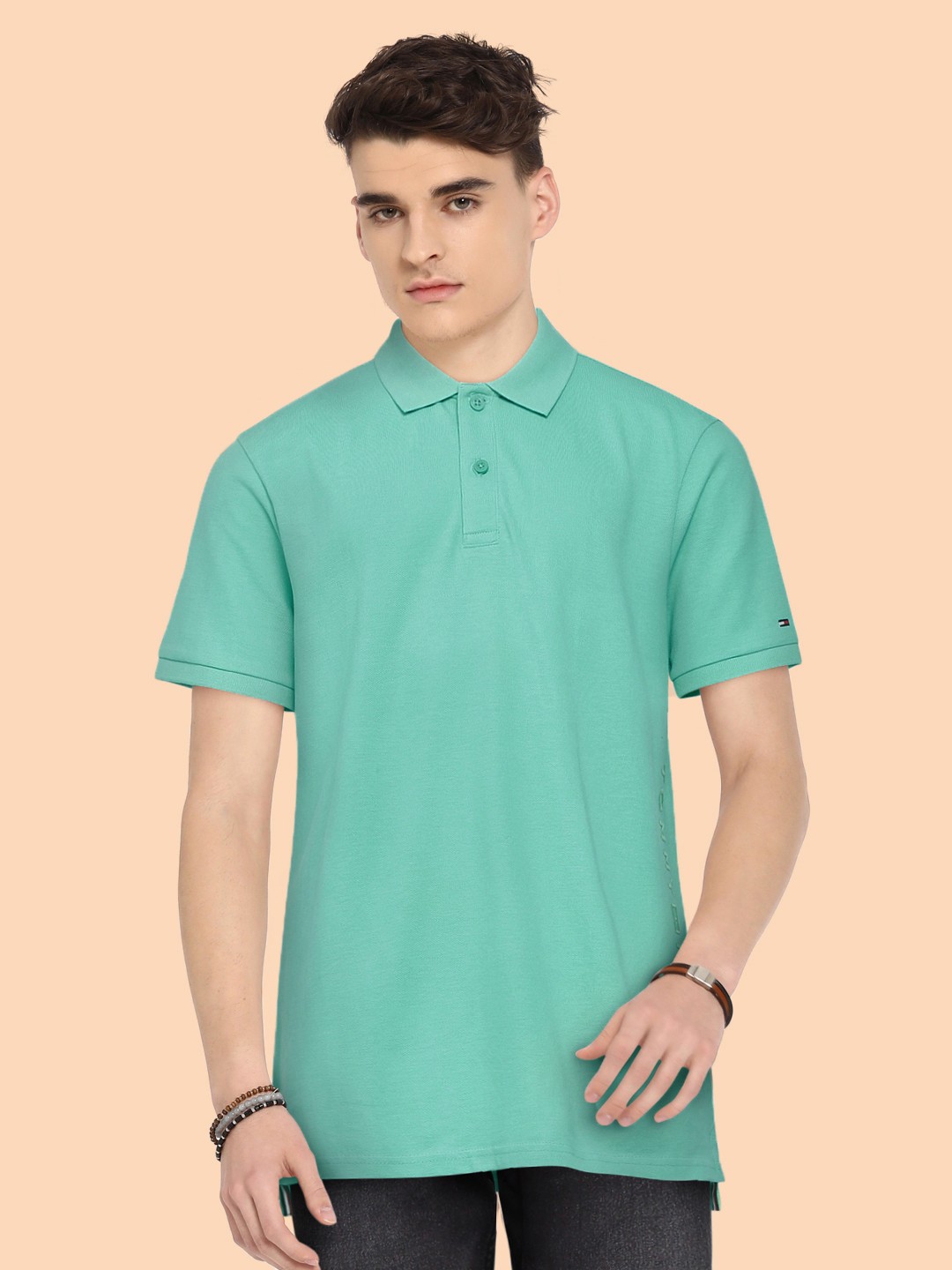 

Tommy Hilfiger Boys Turquoise Blue Solid Polo Collar Cotton Embroidered T-shirt