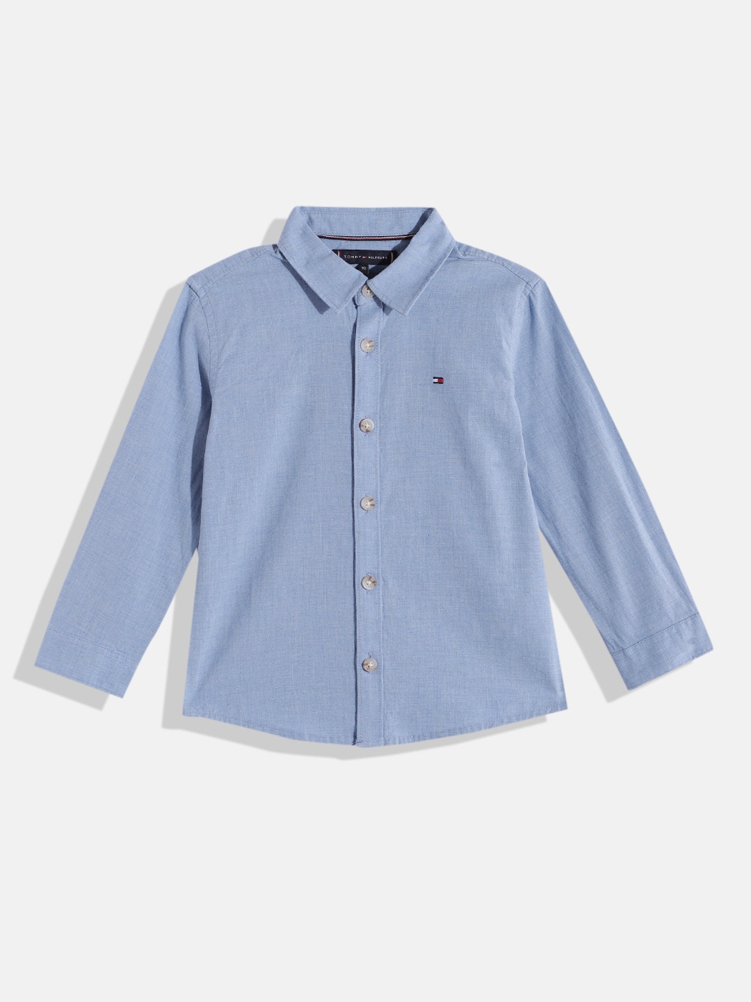 

Tommy Hilfiger Boys Brand Name Applique Detail Pure Cotton Casual Shirt, Blue