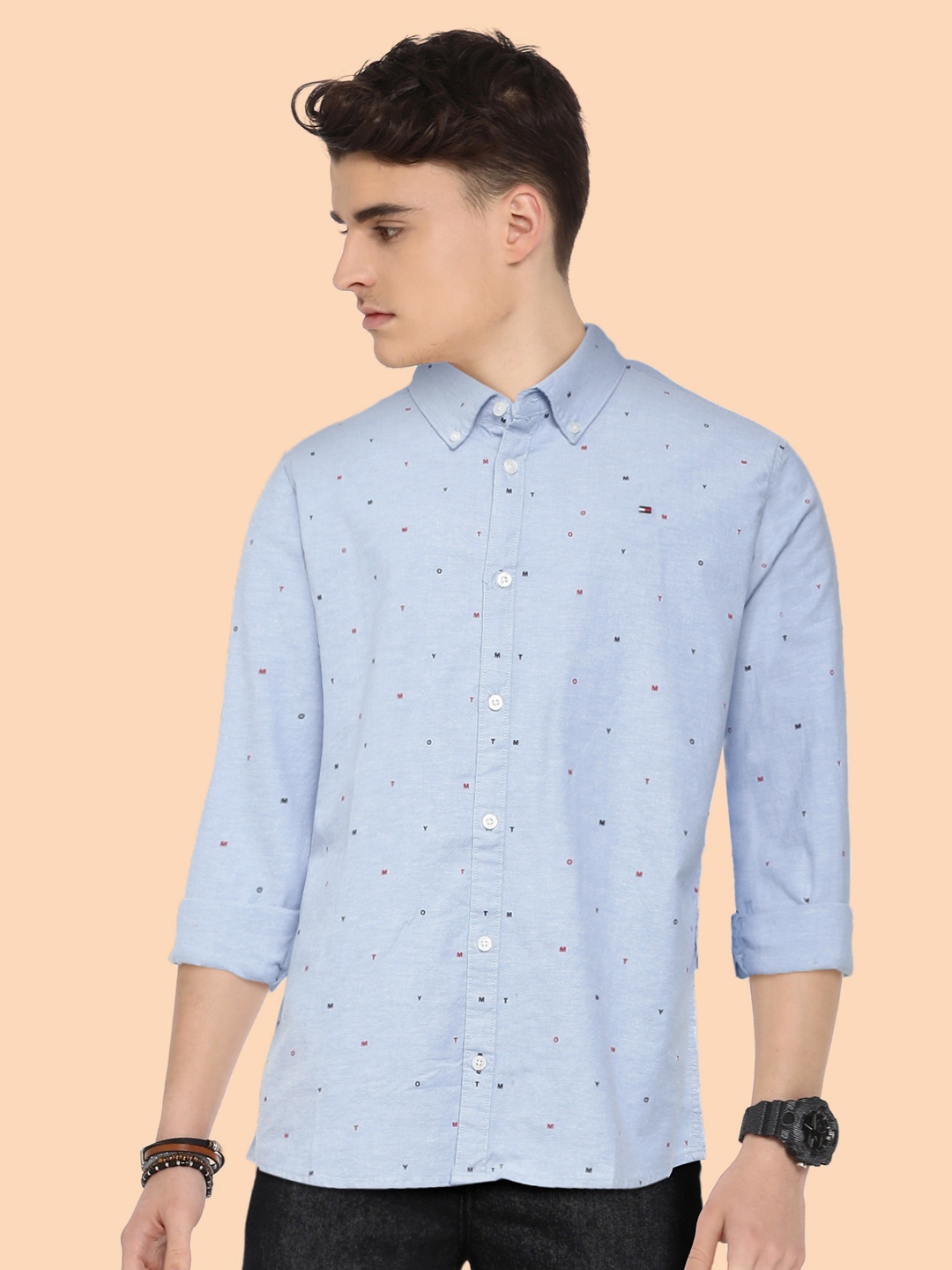 

Tommy Hilfiger Boys Blue Cotton Oxford Weave Printed Casual Shirt