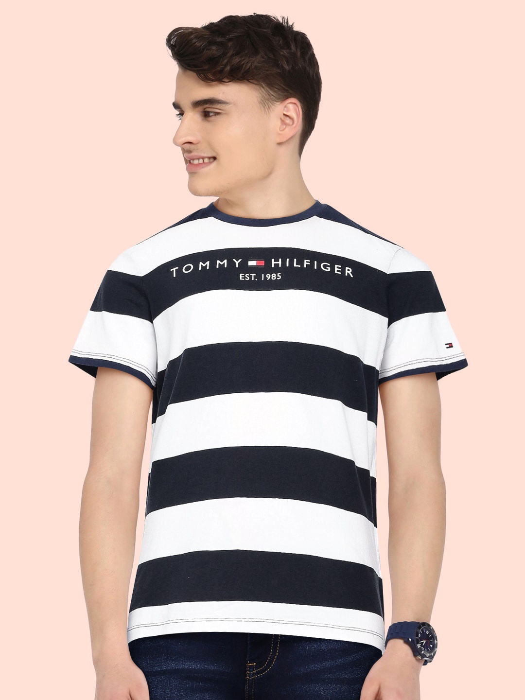 

Tommy Hilfiger Boys White & Navy Blue Striped Organic Cotton T-shirt