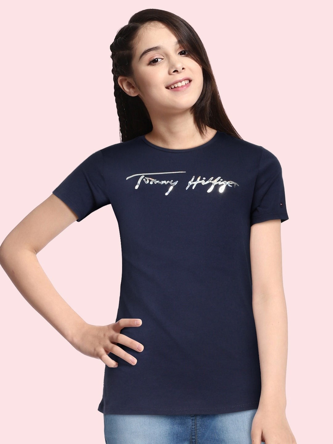

Tommy Hilfiger Girls Navy Blue Brand Logo Printed Organic Cotton T-shirt