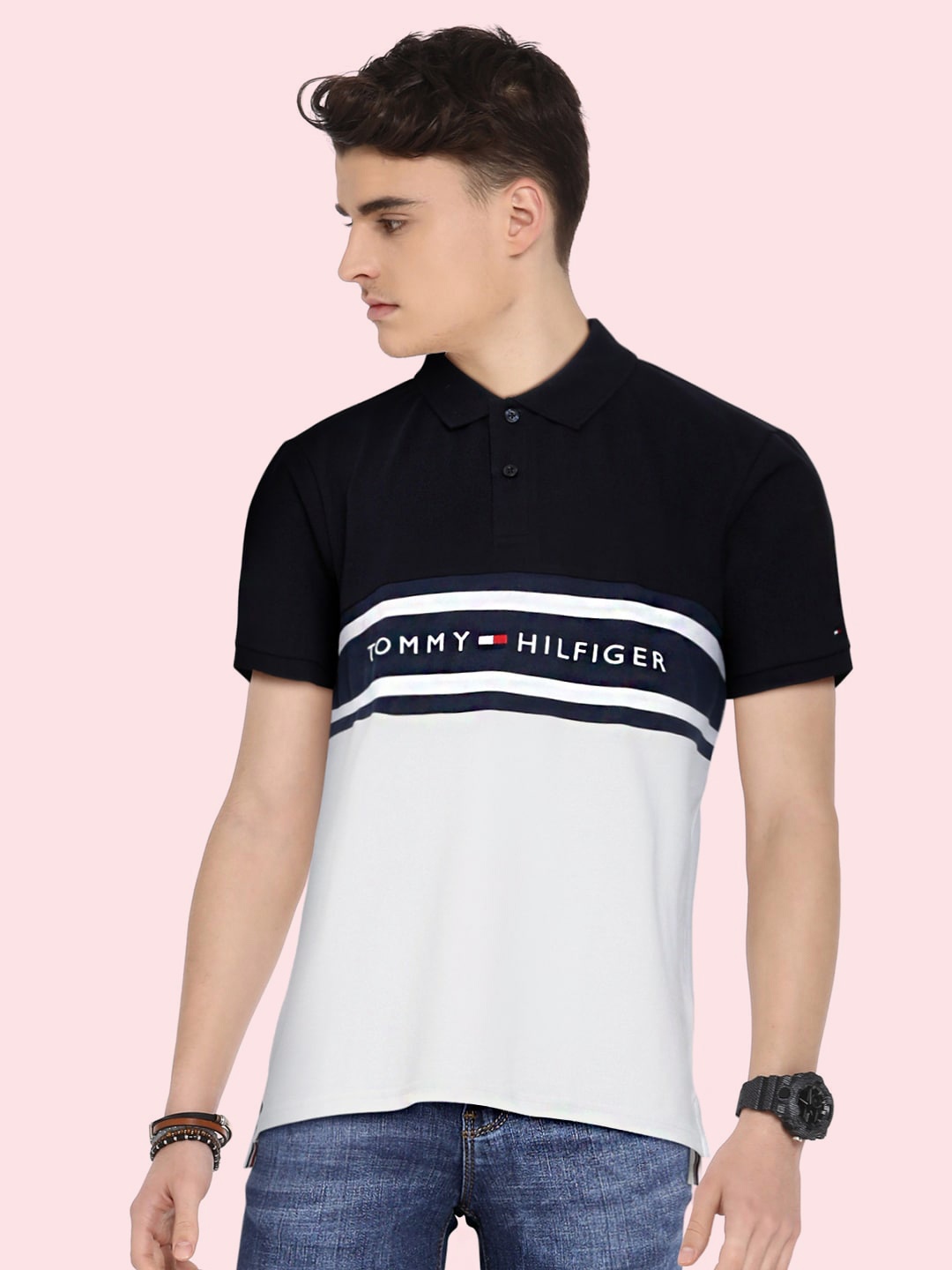 

Tommy Hilfiger Boys Navy Blue & White Colourblocked Polo Collar Embroidered T-shirt