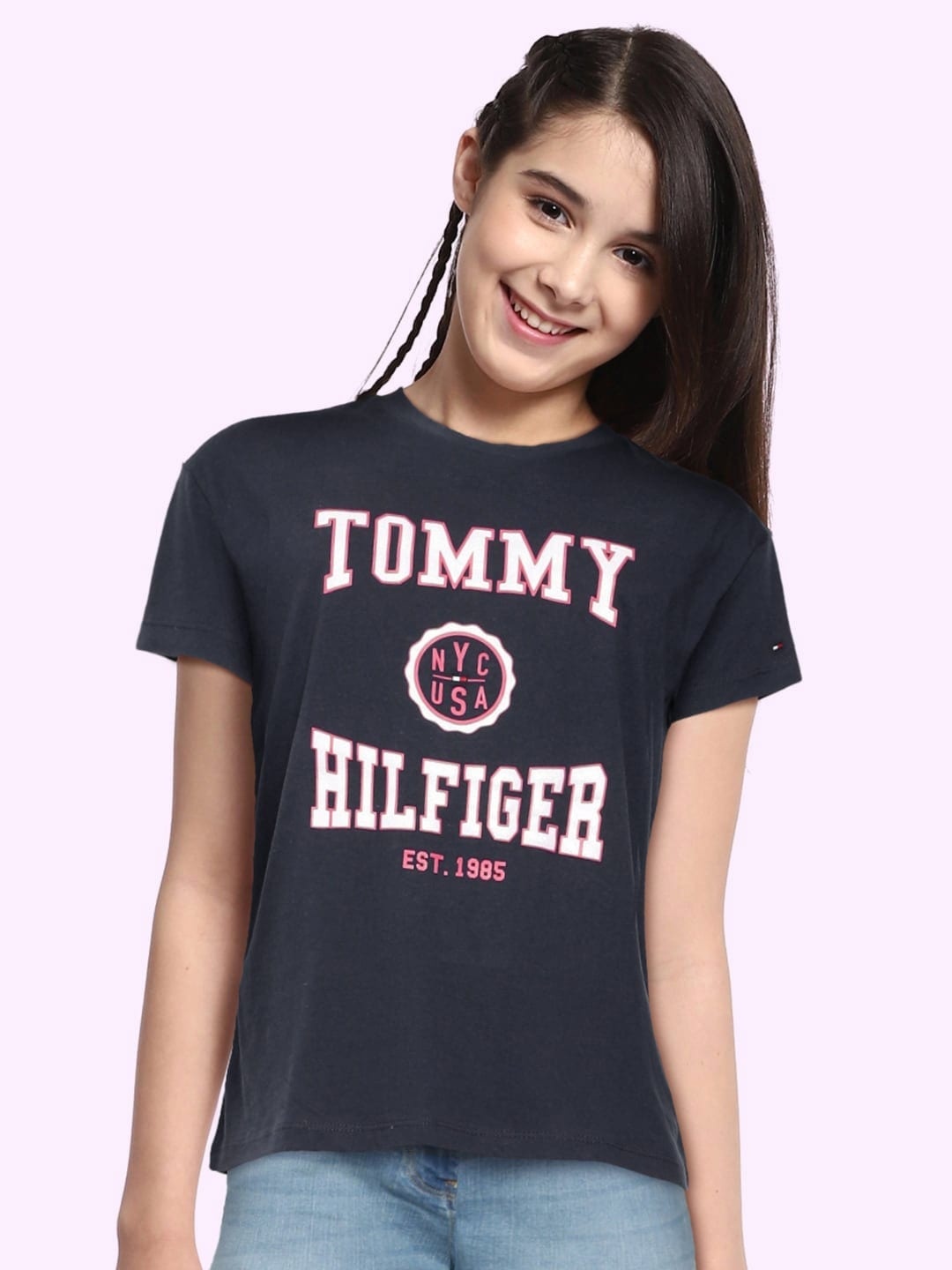 

Tommy Hilfiger Girls Navy Blue Brand Logo Printed T-shirt