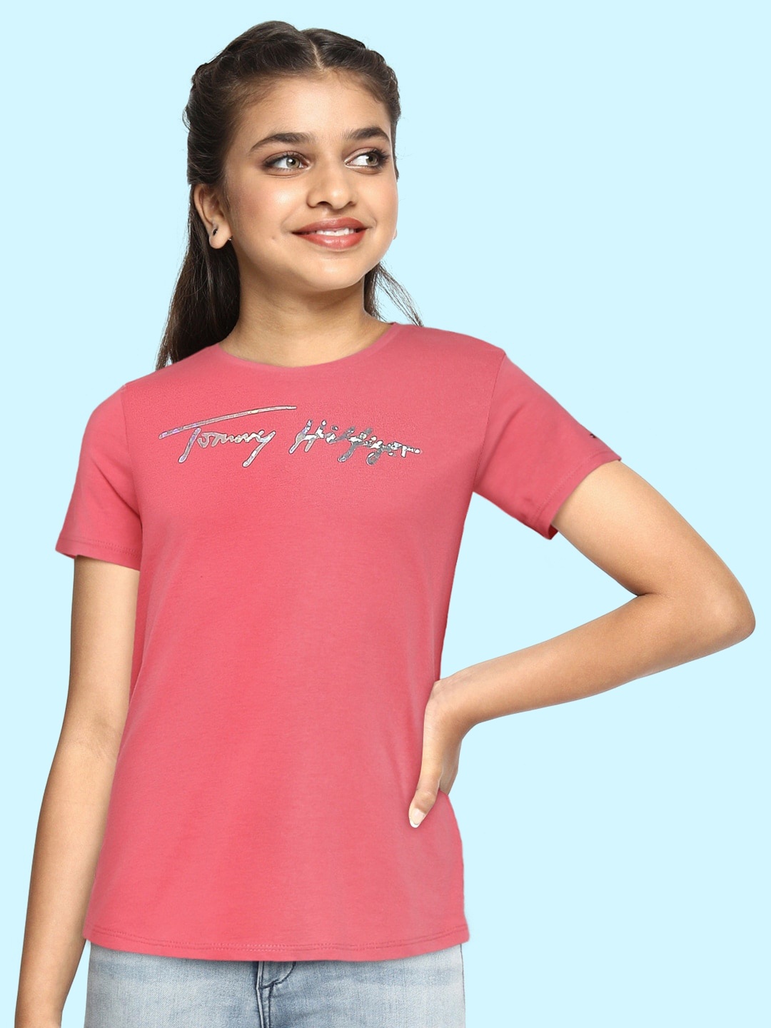 

Tommy Hilfiger Kids Girls Pink Brand Logo Script Print Applique Organic Cotton Regular Top