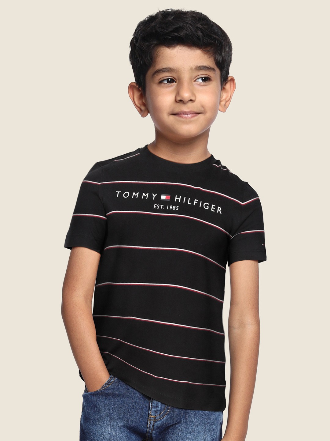 

Tommy Hilfiger Boys Black & White Striped Brand Logo Print Pure Cotton T-shirt