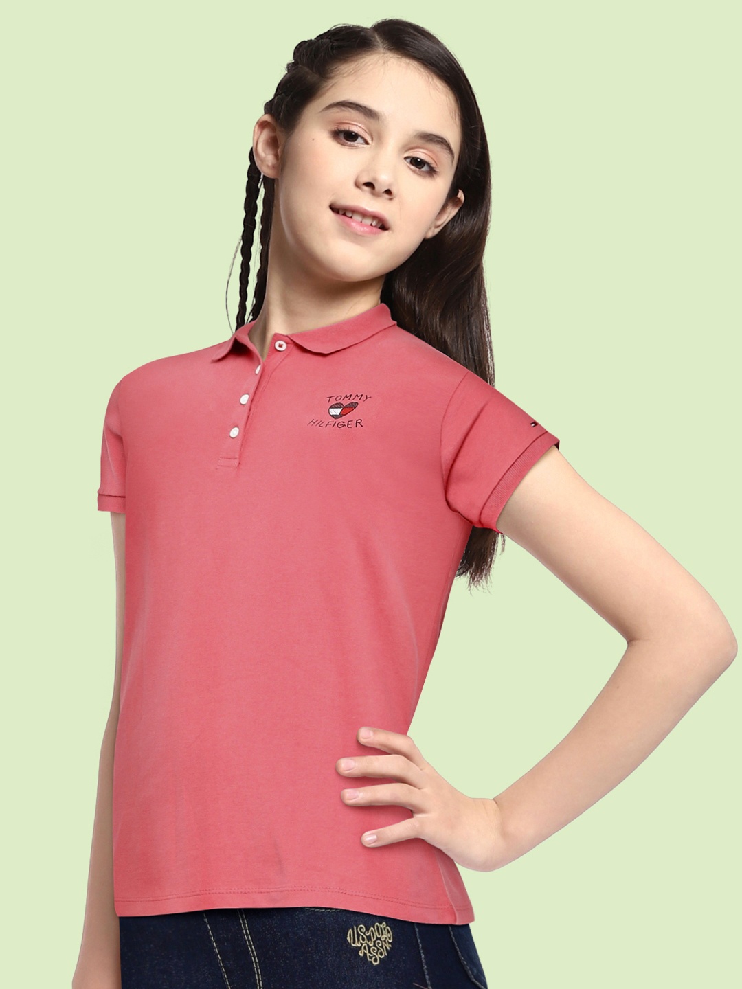 

Tommy Hilfiger Kids Girls Pink Solid Shirt Collar Brand Logo Embroidered Cotton Top