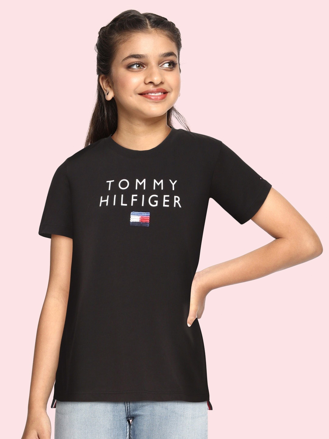 

Tommy Hilfiger Girls Black Brand Logo Printed Organic Cotton T-shirt