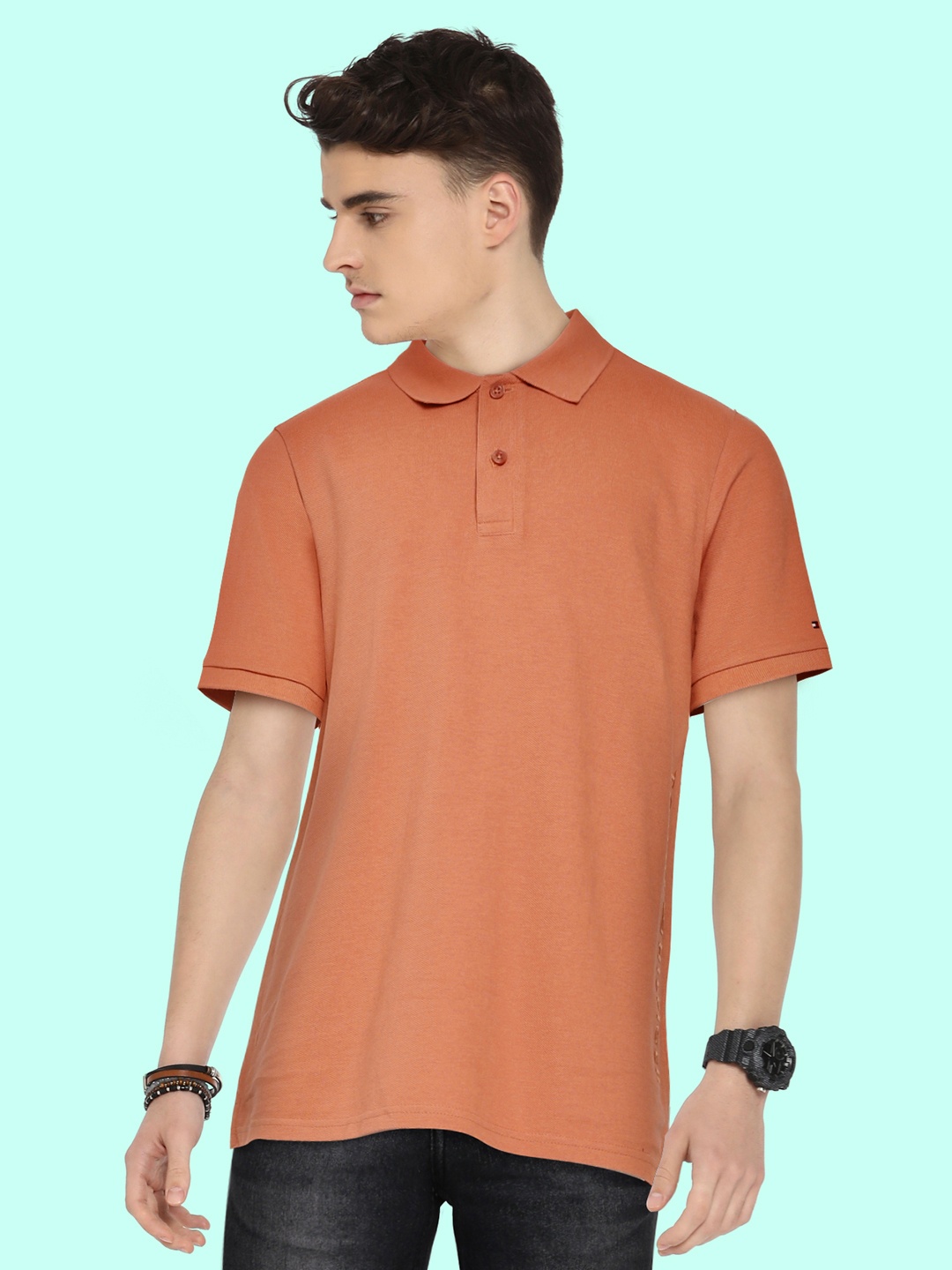 

Tommy Hilfiger Boys Peach-Coloured Solid Polo Collar Cotton Embroidered T-shirt