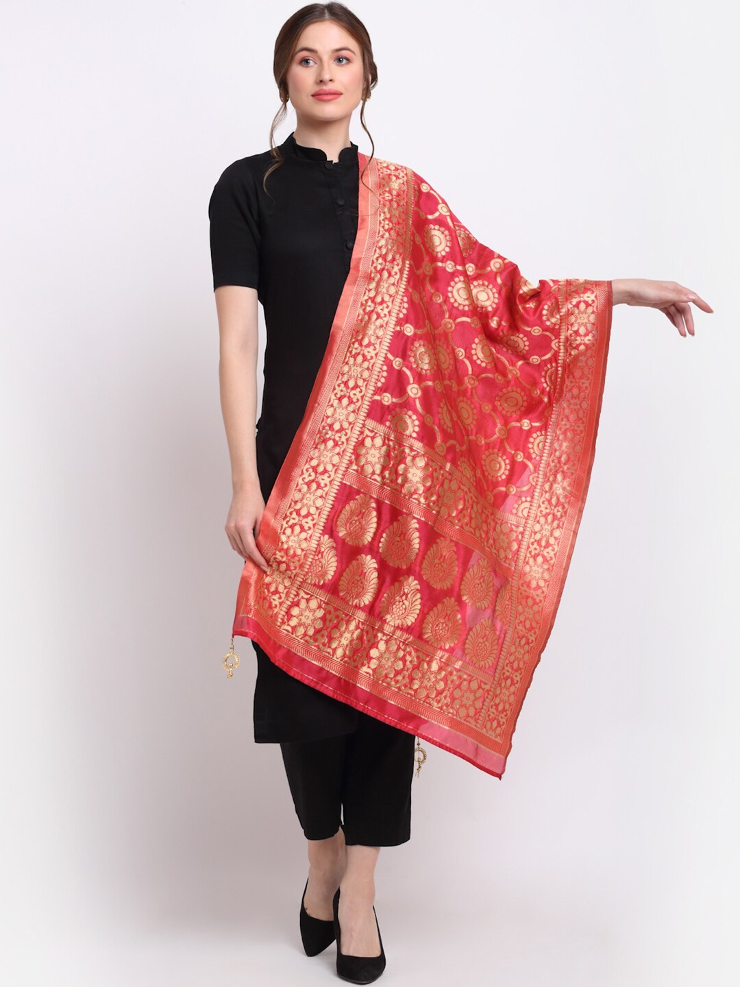 

SOUNDARYA Red & Gold Ethnic Motifs Woven Design Dupatta