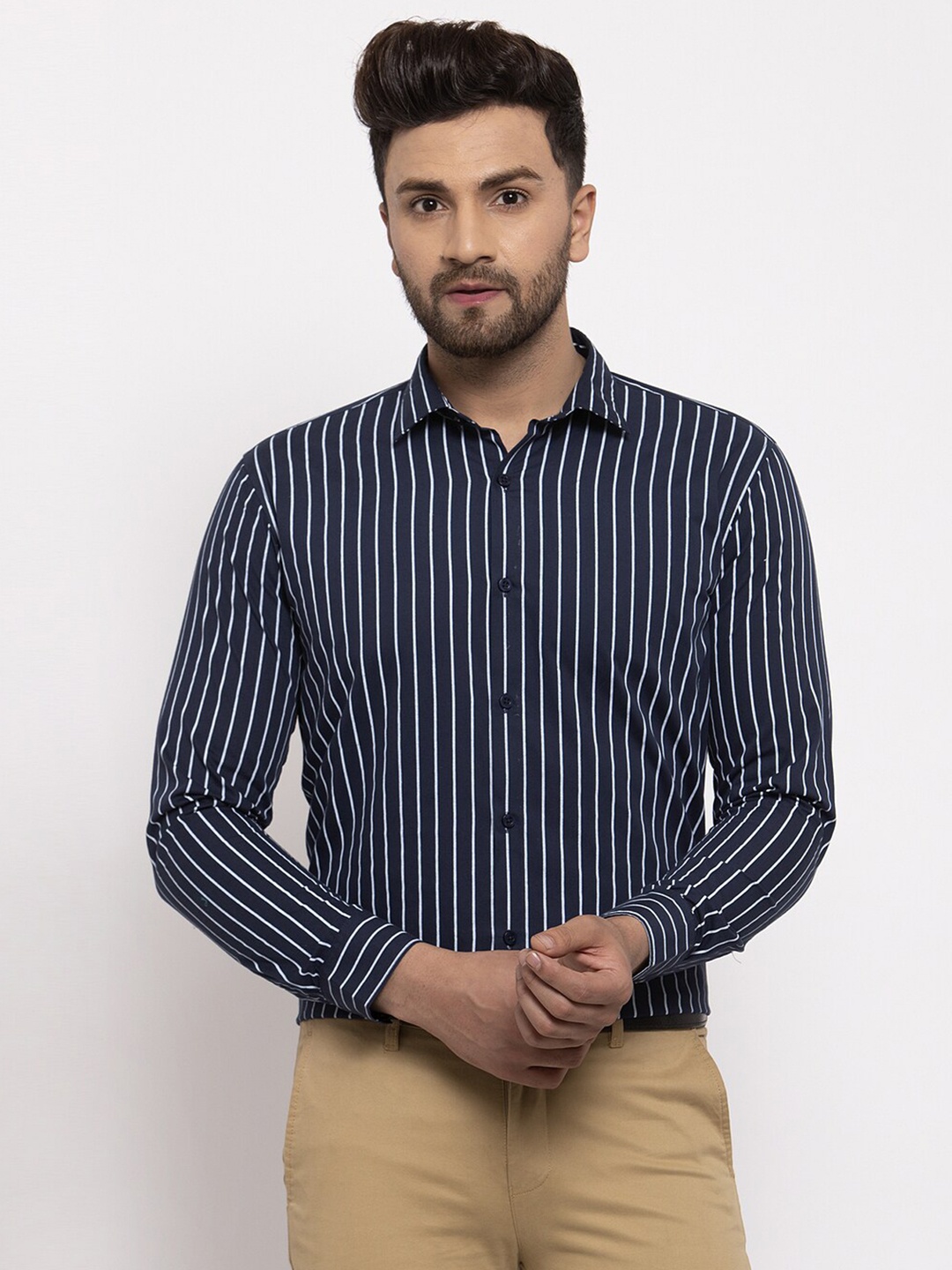 

JAINISH Men Navy Blue Comfort Striped Cotton Formal Shirt