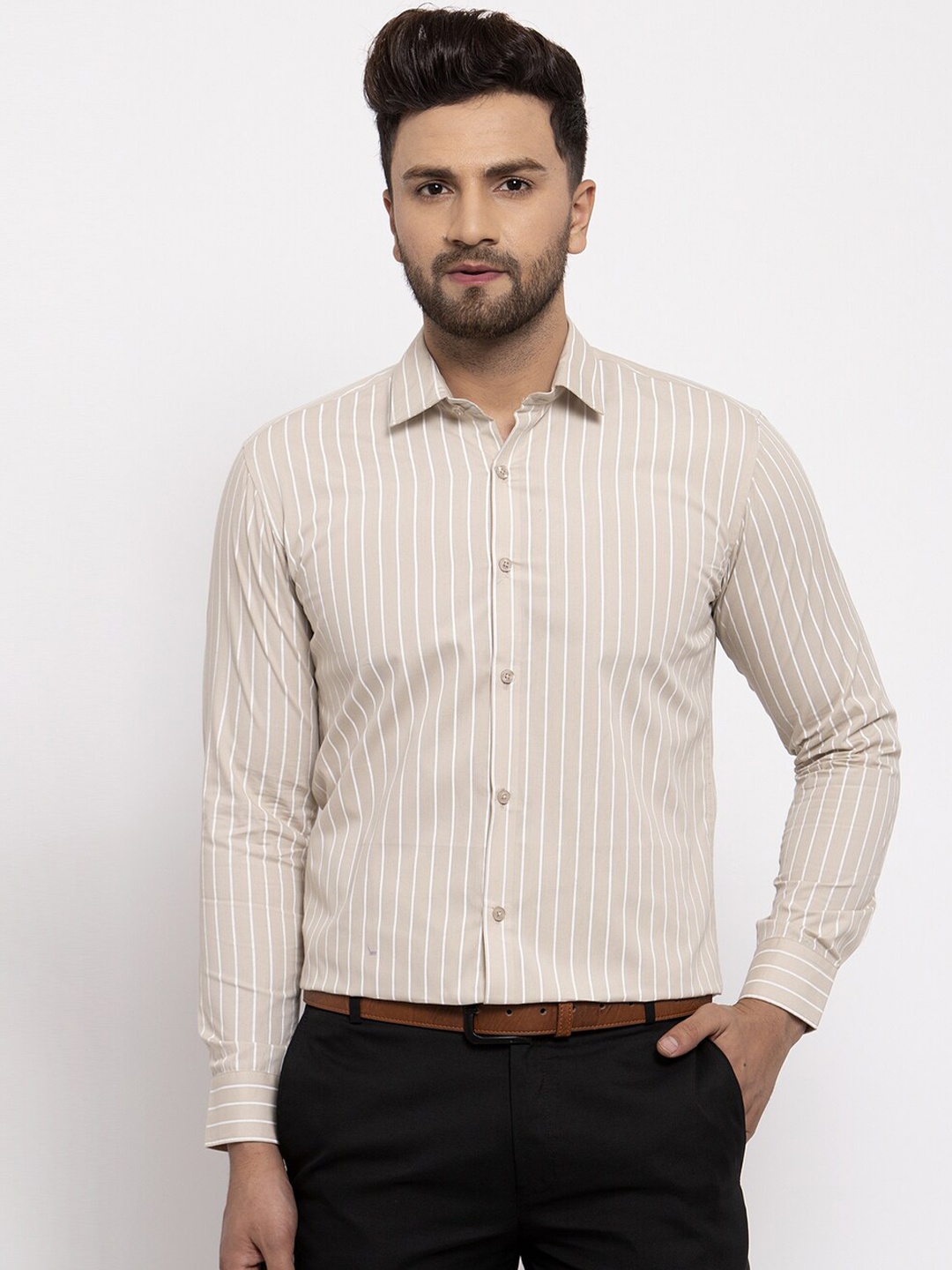 JAINISH Men Cream-Coloured Comfort Striped Pure Cotton Formal Shirt