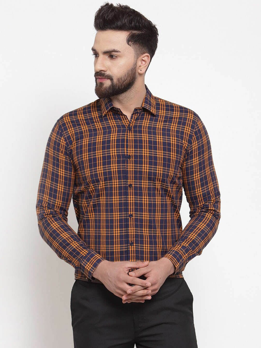 

JAINISH Men Orange Comfort Tartan Checked Pure Cotton Formal Shirt