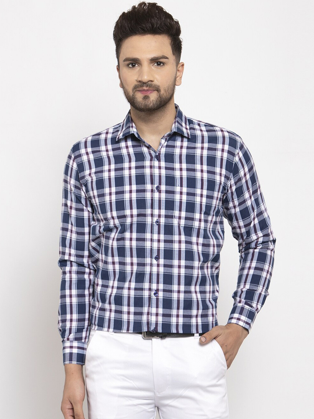 

JAINISH Men Navy Blue Comfort Tartan Checked Pure Cotton Formal Shirt