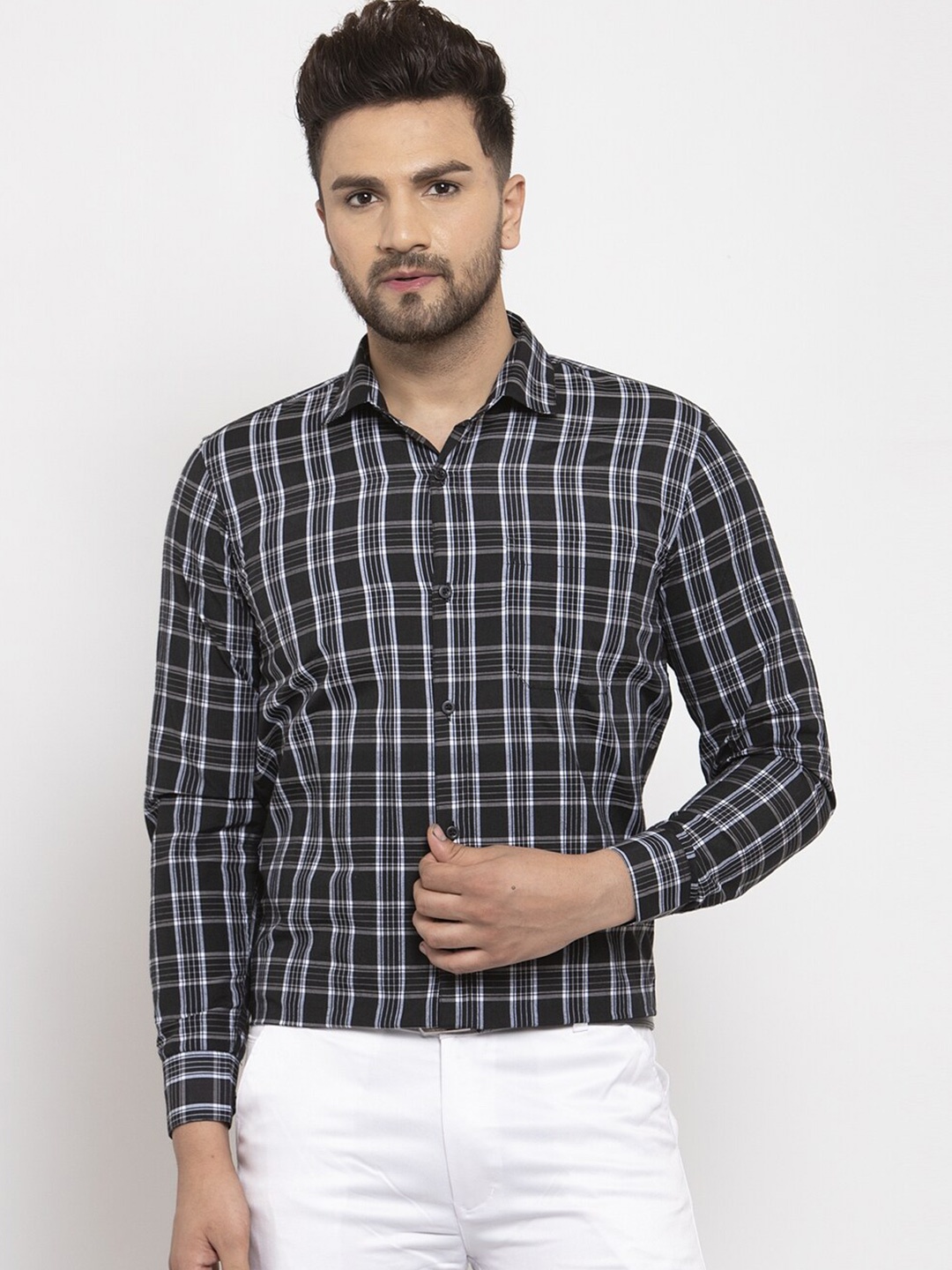 

JAINISH Men Black Comfort Tartan Checked Pure Cotton Formal Shirt