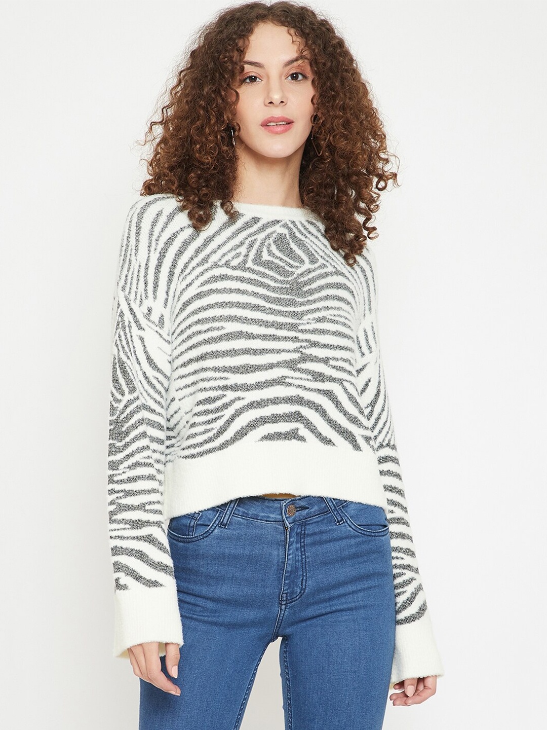 

Madame Women Off White & Black Printed Wool Pullover