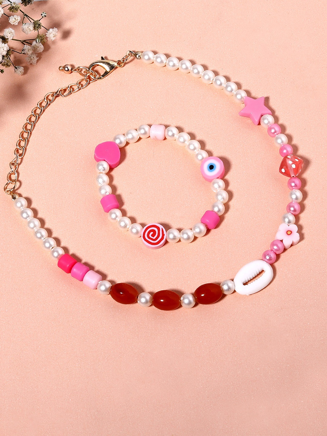 

Blueberry KIDS Girls White & Pink Gold-Plated Artificial Beads Shell Necklace & Bracelet
