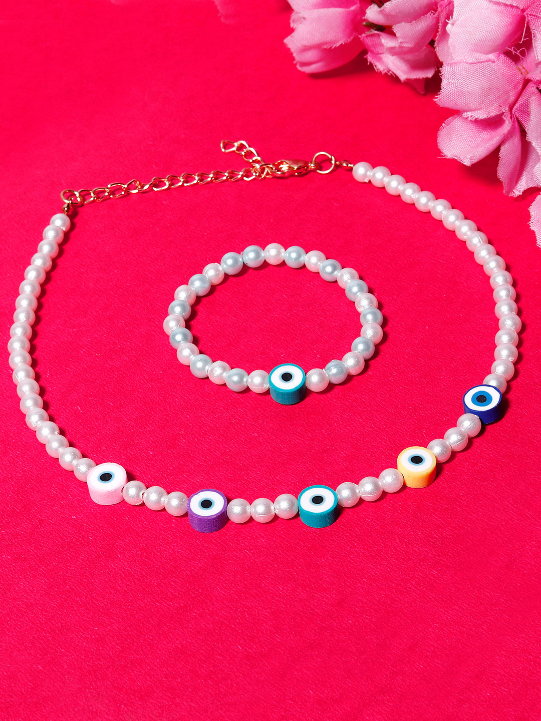 

Blueberry KIDS Girls White Gold-Plated Pearls & Beaded Handcrafted Necklace & Bracelet Set