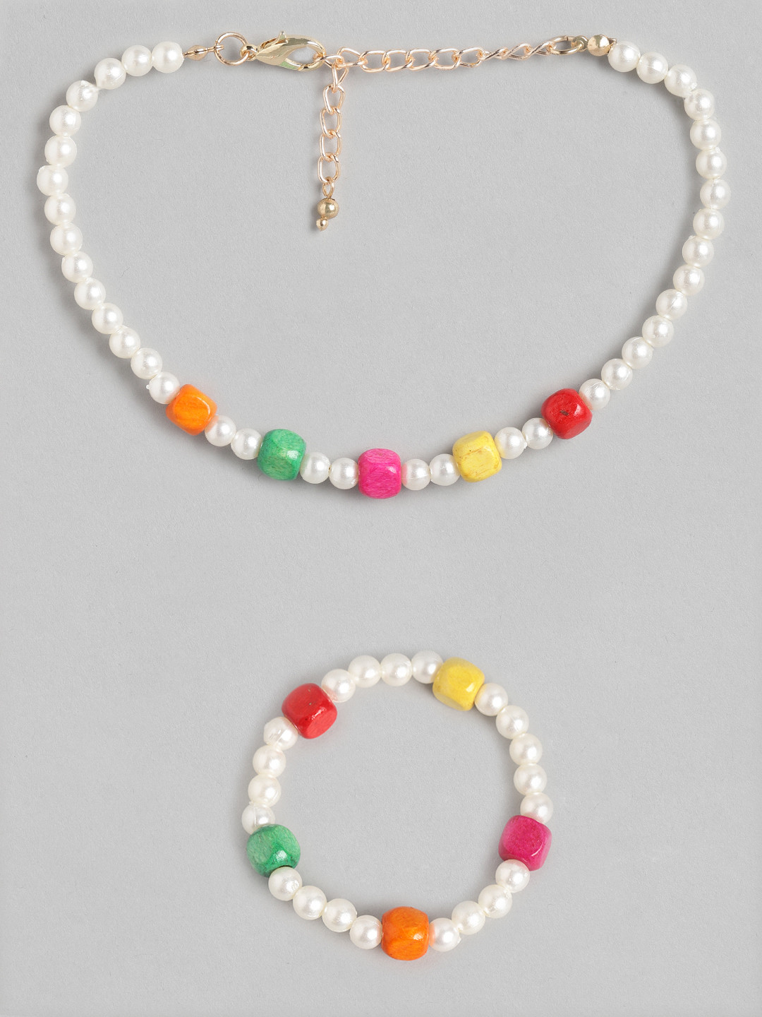 

Blueberry KIDS Girls White Gold-Plated Pearls & Beaded Handcrafted Necklace & Bracelet Set