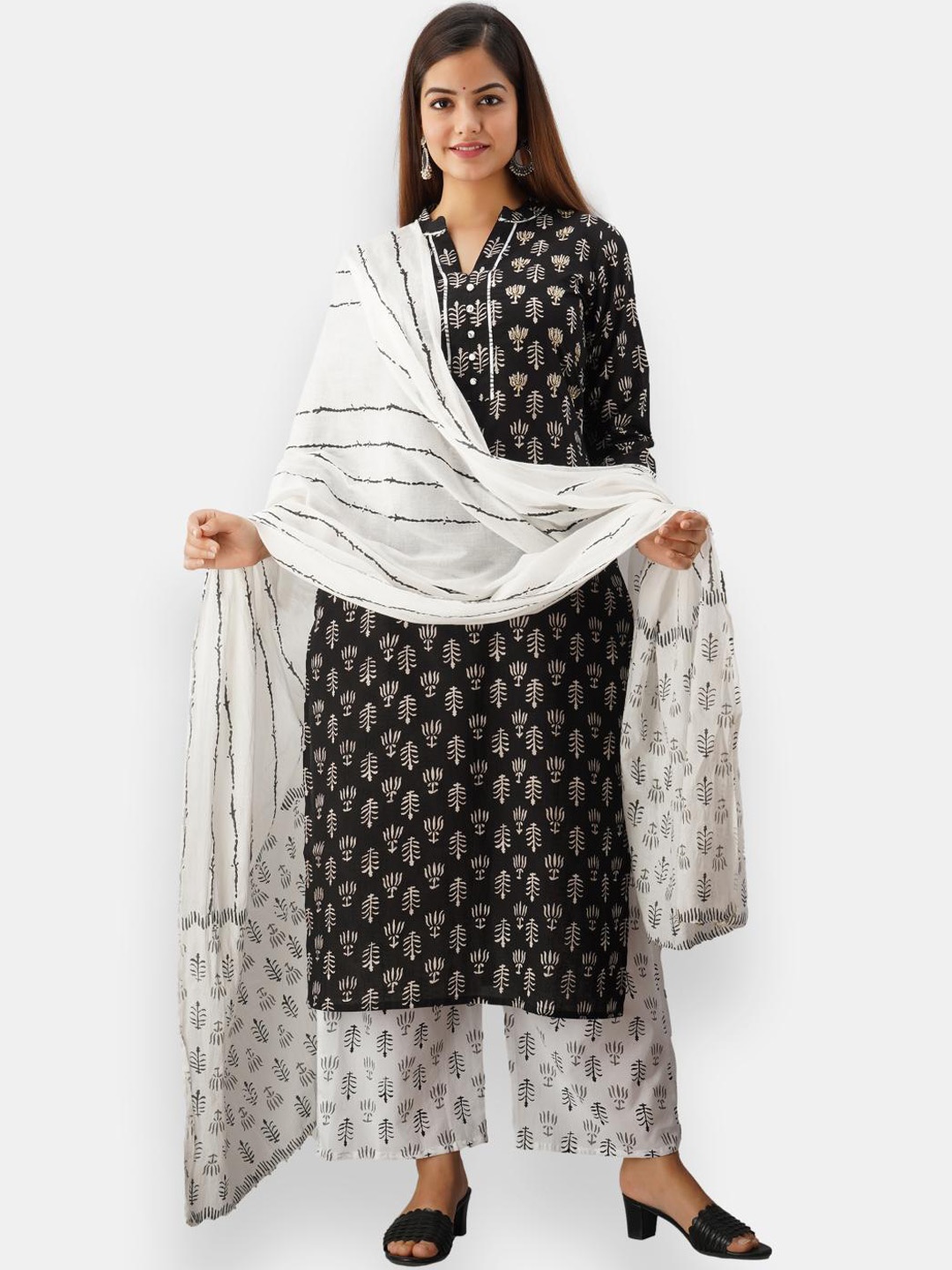 

VEDANA Women Black Ethnic Motifs Printed Pure Cotton Kurta with Palazzos & With Dupatta