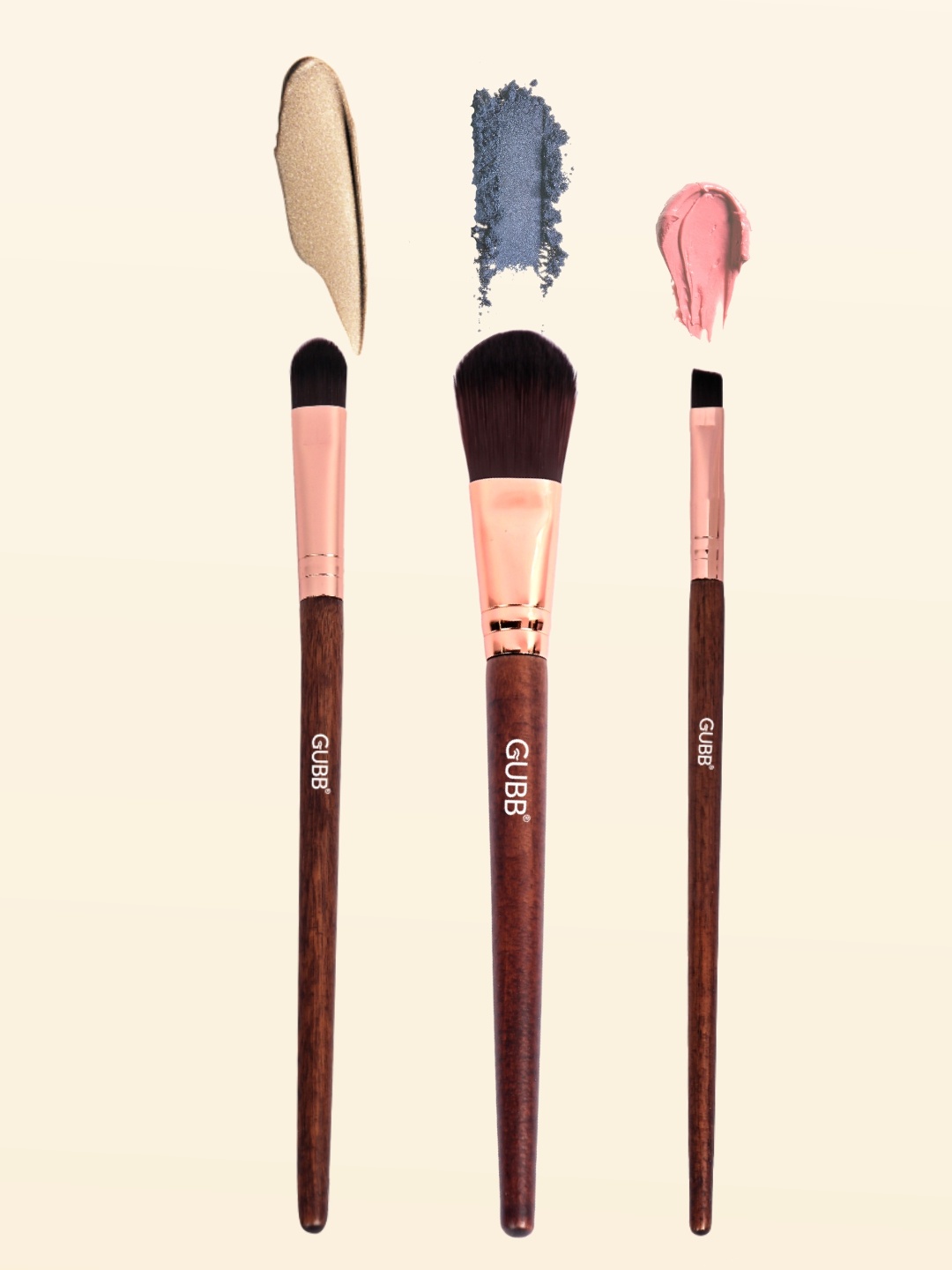 

GUBB Set of 3 Makeup Brushes Foundation Brush, Eyeshadow Brush & Lip Brush, Brown