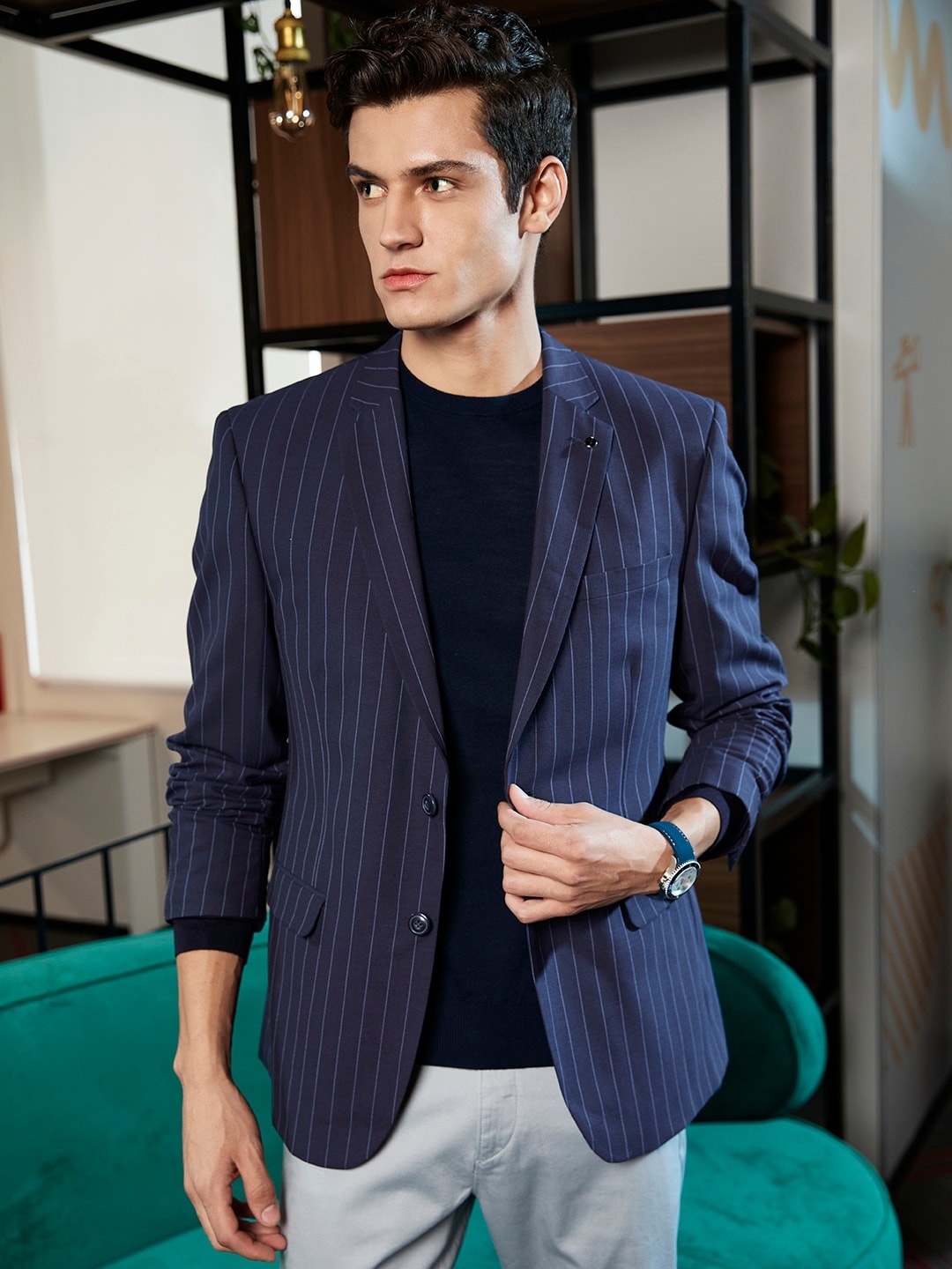 

Van Heusen Men Navy Blue Striped Single-Breasted Formal Blazer