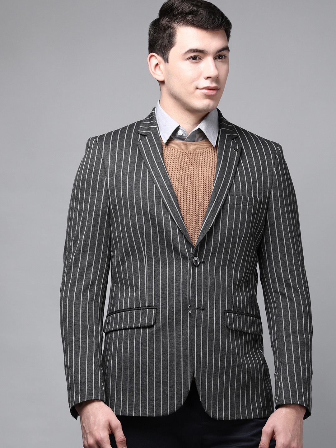 

Van Heusen Men Grey Striped Single-Breasted Ultra Slim Fit Formal Blazer