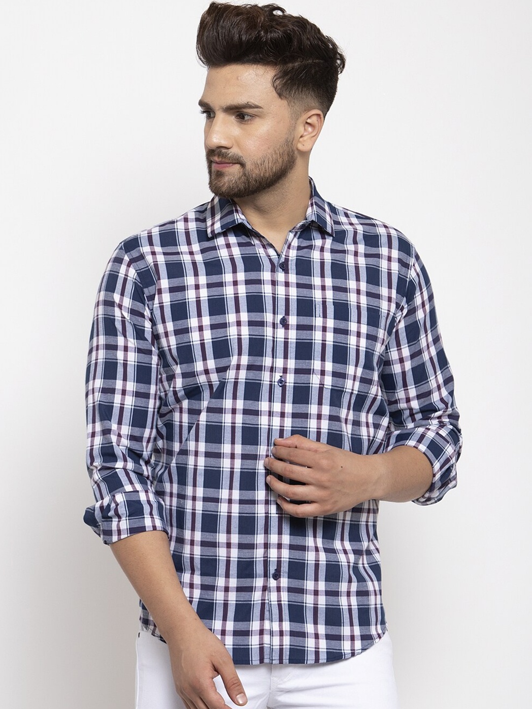 

JAINISH Men Navy Blue & White Comfort Tartan Checked Pure Cotton Casual Shirt