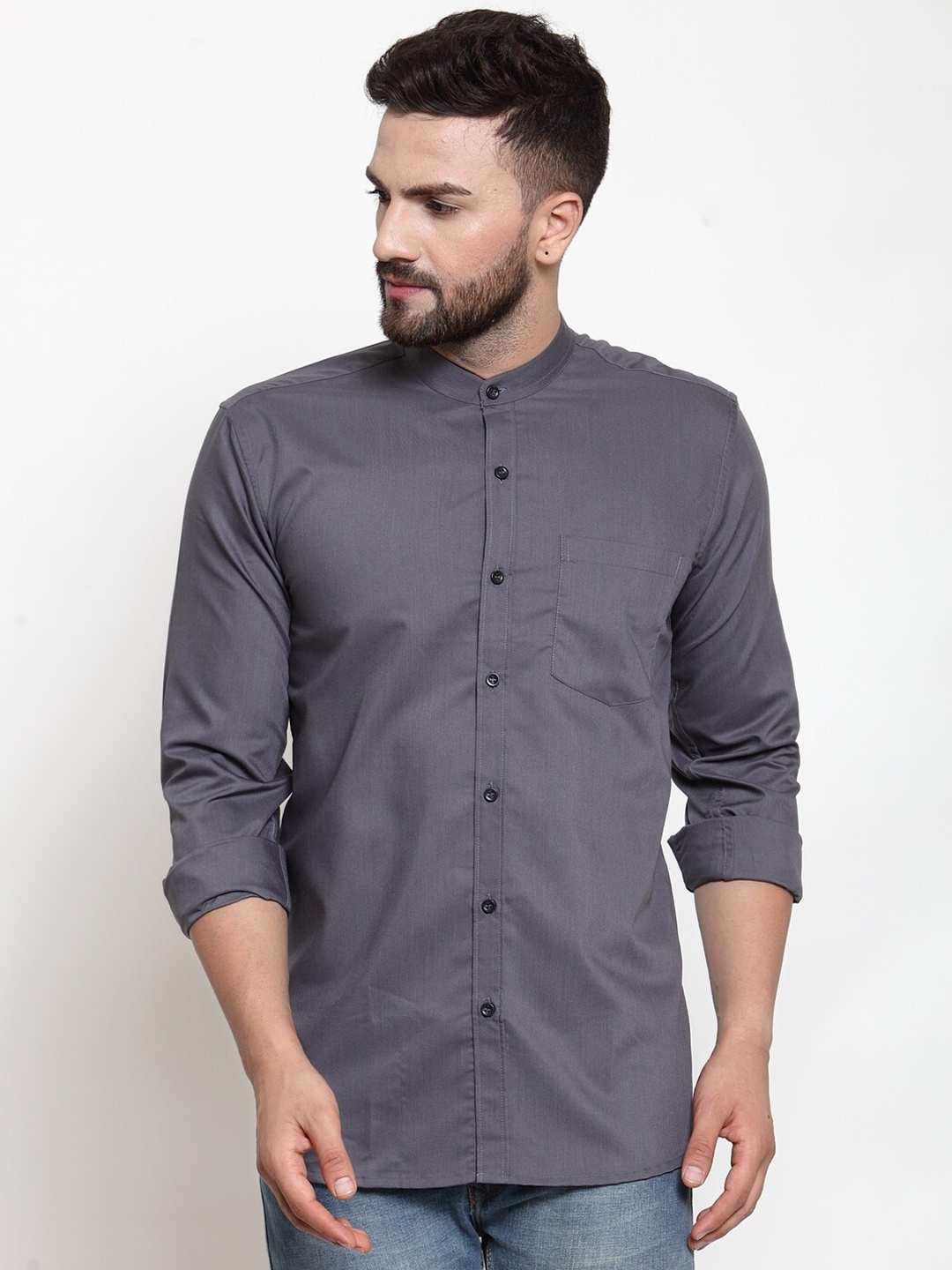 

JAINISH Men Grey Comfort Pure Cotton Mandarin Collar Casual Shirt