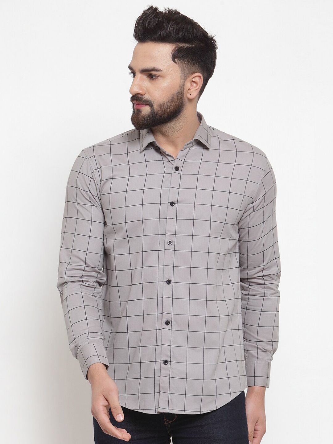 

JAINISH Men Grey Comfort Windowpane Checked Pure Cotton Casual Shirt