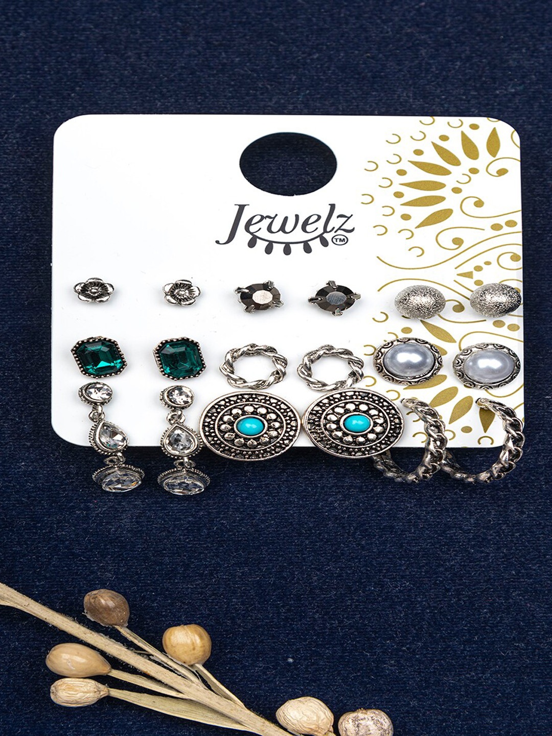 

Jewelz Silver-Toned Pack Of 9 Contemporary Studs Earrings